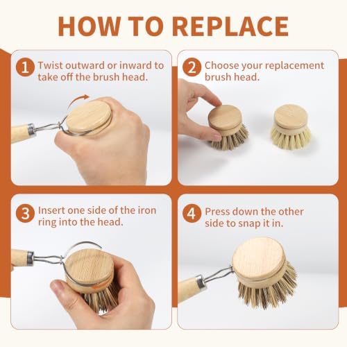 DEBETOOL Bamboo Dish Brush with Handle & 4 Replacement Heads - Image 3