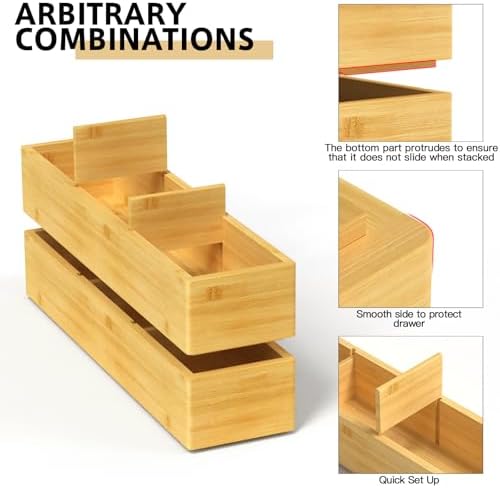 DUJEN 2 Pieces Bamboo Drawer Organizer 12.5'' X 6'' X 2'', Adjustable 2 Individual Junk Drawer organizer for Bathroom and Kitchen, Wood Drawer Organier Boxes for Jewellery, Make up and Tea Bag - Image 2