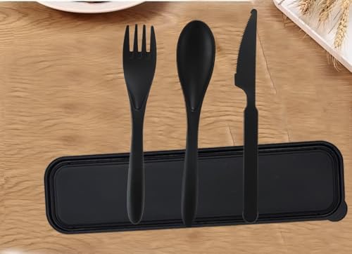 Wheat Straw Portable Reusable Travel Utensils with Case Set (Black) - Image 7