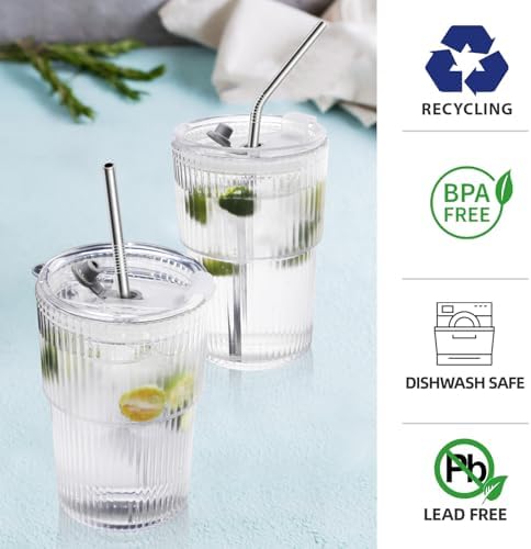 16 OZ Iced Coffee Cups with Lids and Straws Set of 4, Unbreakable Plastic Drinking Glasses Reusable Iced Coffee Glass to Go Cup for Iced Tea,Juice, Water,BPA Free, Dishwasher Safe - Image 2