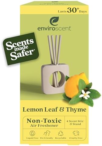 Enviroscent Non-Toxic Air Freshener for Home | Liquid Free Diffuser | Home Fragrance Lasts Over 30 Days | Kit Includes 1 Mango Wood Stand & 1 Scent Stix Refill (Lemon Leaf & Thyme) by Enviroscent