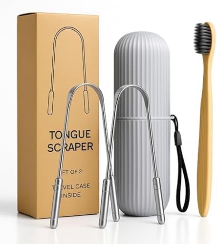 Tongue Scraper Set – Cleaner Kit with Bamboo Toothbrush with Charcoal Bristles & Travel Case – Daily Oral Hygiene Tool for Men & Women (Stainless Steel, 2 - Pack),Reduce Bad Breath, Tongue Scrubber by COPPERHOLIC