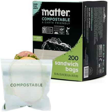 Matter Compostable Sandwich Bags, Resealable, 200 Count, Made From Plants by Matter