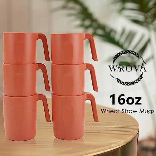 Wrova 16oz Wheat Straw Cups with handles set of 6-Plastic Cups Reusable-Unbreakable Kids Mugs-Dishwasher Safe & Microwave Safe-Ideal Plastic Mugs for Tea,Coffee,Camping,RV-Orange - Image 5