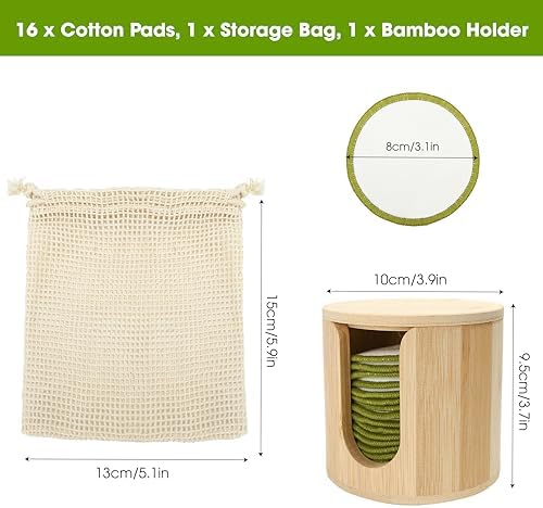 16PCS Reusable Cotton Pads Makeup Remover Face Cotton, Bamboo Storage Box Soft Facial Round, Washable Laundry Zero Waste Cleansing Wipes Storage Bamboo Box Bag Holder for Skin Care Gifts Exfoliating - Image 2