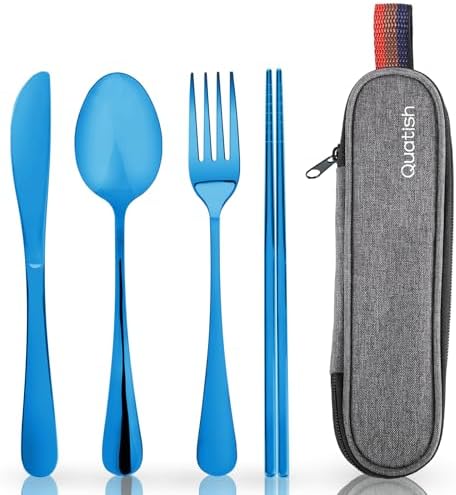 Travel Utensils with Case, Quatish Portable Silverware Set for Work, Stainless Steel Reusable Travel Cutlery, Fork and Spoon Set for Camping, Picnic, Gadgets, Lunch Box for Men, Christmas Gift, Blue by Quatish