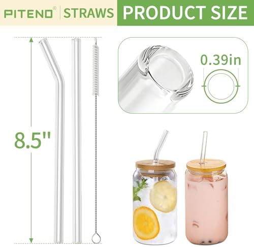 Piteno® 12Pcs Glass Straws with 4Pcs Brushes, Reusable Clear Glass Drinking Straws, 8.5''x10MM, Set of 6 Straight and 6 Bent with 4 Cleaning Brushes, Perfect for Smoothies, Milkshakes, Juice, Tea - Image 2