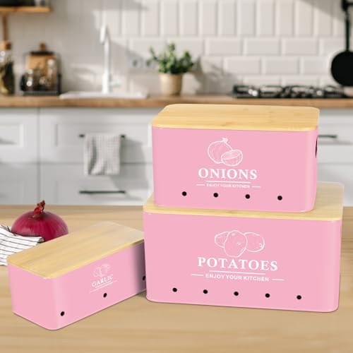 Kitchen Vegetable Storage Set of 3, Metal Onion Garlic Potato Storage Set, Kitchen Canisters Vegetable Keeper Containers with Aerating Holes and Bamboo Lid,Pink - Image 2