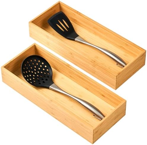 Umilife Bamboo Kitchen Utensils Organizer, Extra High Silverware Drawer Tray, Flatware Cutlery Storage Box, Multi-Use Holder in Office, Bathroom, Pantry - 15"x6"x2.5" (Set of 2) by Umilife