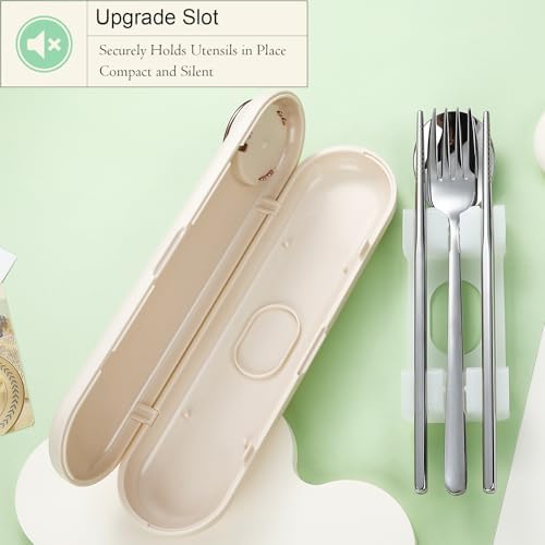 DEVICO Travel Utensils with Case Cute, Reusable Silverware for Lunch, 4Pcs Portable Cutlery Set, 18/8 Stainless Steel Fork Spoon Chopsticks in Cartoon Case, Dishwasher Safe (Light Yellow) - Image 2