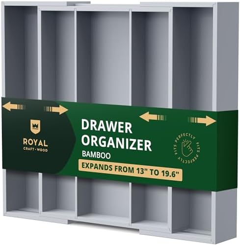 ROYAL CRAFT WOOD Luxury Bamboo Kitchen Drawer Organizer - Silverware Organizer - Utensil Holder and Cutlery Tray with Grooved Drawer Dividers for Flatware and Kitchen Utensils (5 Slot, Gray) by ROYALCRAFTWOOD