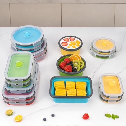 Collapsible Food Storage Containers with Lid & Air Vent, 8 Pack, 4 Rectangular + 4 Round, Annaklin Foldable Silicone Lunch Containers Collapsible Bowls Set, Microwave Freezer Dishwasher Safe, 4 Colors - Image 7