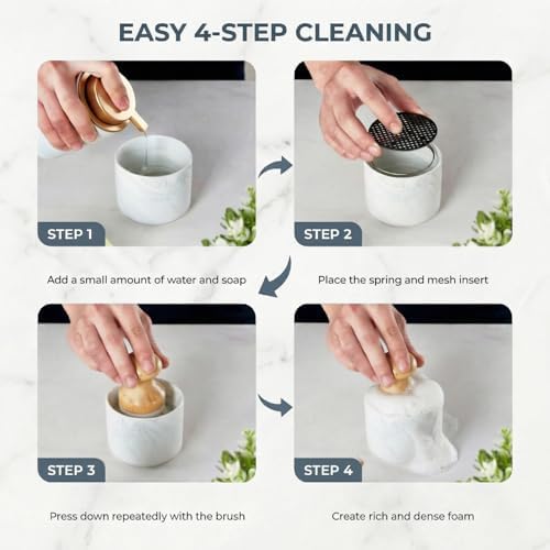 ONEMORE Bamboo Dish Brush with Ceramic Foaming Base, Kitchen Sink Scrub Brush Set with Spring and Mesh Insert, Wooden Handle Dishwashing Brush for Pots Pans Plates Bowls, Marble - Image 2