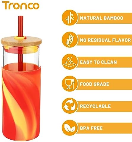 Tronco 20 oz Glass Tumbler with Lids and Straws, Reusable Iced Coffee Cups - Image 3