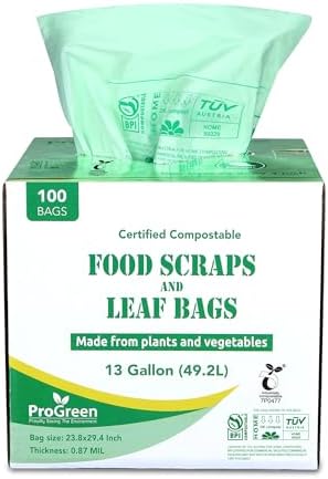 Compostable Trash Bags, Extra Thick, Compost Kitchen Bin Bags, Food Scraps Yard Waste Bags, ASTM D6400 BPI and TÜV AUSTRIA Certified (13 Gallon, Pack of 100) by ProGreen