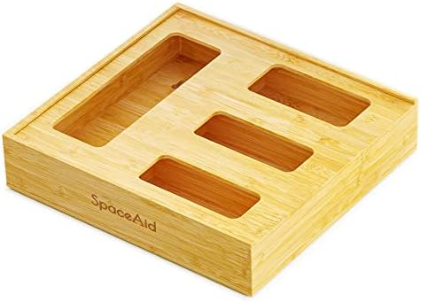 SpaceAid Bag Storage Organizer for Kitchen Drawer, Bamboo Organizer, Compatible with Gallon, Quart, Sandwich and Snack Variety Size Bag (1 Box 4 Slots, Natural, 2" High) by SpaceAid
