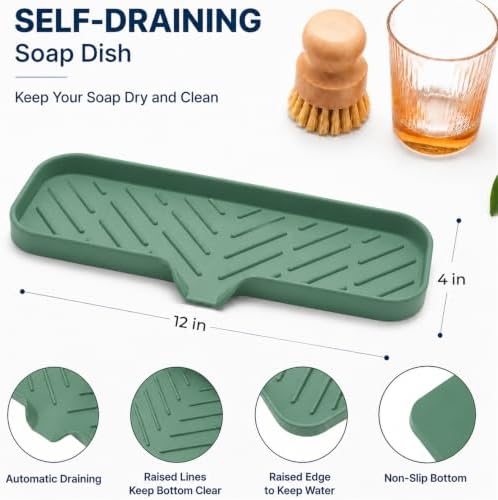 MicoYang Silicone Soap Dish with Drain Spout — Self-Draining Double Sink Organizer Tray for Kitchen & Bathroom, Dispensers, Sponges & Soap Holder, Non-Slip & Dishwasher Safe, Green (Large, 12"×4") - Image 2