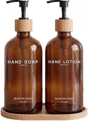 Amber Glass Soap and Lotion Dispenser Set with Tray by Brighter Barns - Hand Soap Dispenser Bathroom Set - Glass Bottles with Pump - Bamboo Home Accessories & Modern Bathroom Decor for Airbnb (Amber) by BrighterBarns