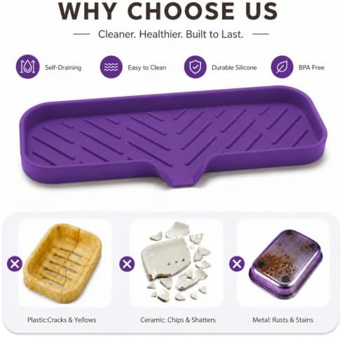 MicoYang Silicone Soap Dish with Drain Spout — Self-Draining Double Sink Organizer Tray for Kitchen & Bathroom, Dispensers, Sponges & Soap Holder, Non-Slip & Dishwasher Safe, Purple (Large, 12"×4") - Image 3