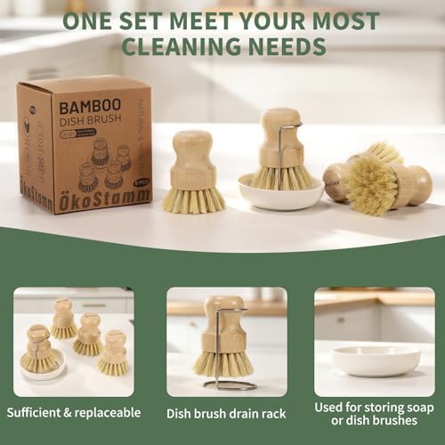 6 PCS Bamboo Dish Brush Set - Natural Scrub Brush for Dish with Tray and Drain Holder, Wooden Dish Scrubber for Kitchen Cleaning Dishes, Pots, Pans and Vegetables (6) - Image 5