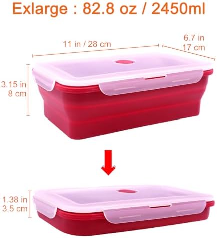 Set of 2 Extra Large Collapsible Silicone Food Storage Containers With Lids,82.8oz + 60.2oz Meal Prep Box, Bento Lunch Boxes, Rv Collapsible Bowls For Camping, Kitchen, BPA Free(Red and Yellow) - Image 2
