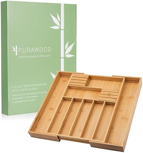 Purawood Bamboo Drawer Organizer with Knife Blocks - Silverware Organizer & Utensil Drawer Organizer, Cutlery Tray with Dividers, 7-9 Slots- Premium Kitchen Organizer for Utensils & Flatware (Natural) - Image 2