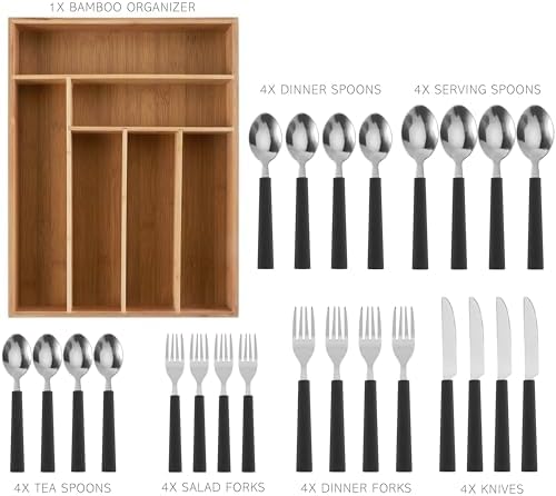 COOK WITH COLOR Bamboo Kitchen Utensil Set with Drawer Organizer | Cooking Tools and Storage Caddy, Black, 25 Piece Cutlery Set - Image 2