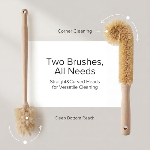 2-Piece Wooden Bottle Brush Set - Includes Tapered Cup Brush & L-Shape Coconut Scrubber - Beech Wood Cleaning Kit for Water Bottles, Glassware & Vases - Image 3
