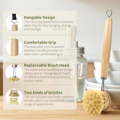 Bamboo Dish Brush with Handle, Natural Dish Brush Set Includes 2 Replacement Brush Heads, Kitchen Scrub Brush with Sisal and Palm Bristle for Cleaning Dishes, Pans and Vegetables - Image 5