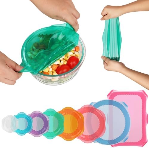 Silicone Stretch Lids for Food Storage in Fridge, Reusable Elastic Bowl Covers for Cup, Cans, Jars, Round & Rectangle Container, Food Grade Silicone Microwave Food Cover, Heat-Resistant, 8PCS by ROTTOGOON