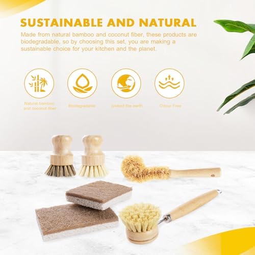 DEBETOOL 6-Piece Bamboo Dish Brush Set with Coconut Sponge - Image 7