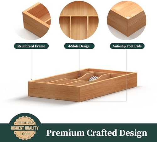 Small Silverware Organizer, Bamboo Kitchen Drawer Organizer, Utensil Holder, Cutlery Tray & Spoon Flatware Storage with Grooved Drawer Dividers (6.7''W x 12''D) - Image 6