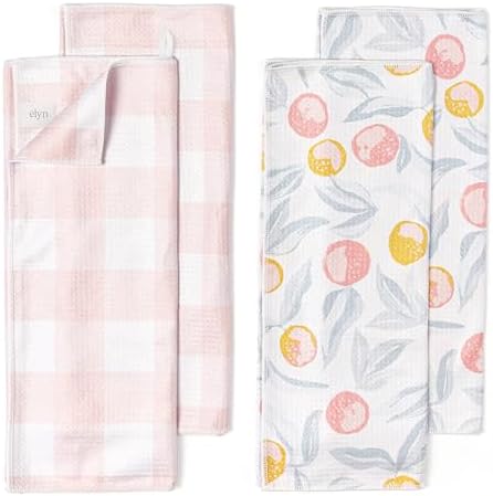 ELYN Microfiber Kitchen Dish Towel Set, Quick-Dry & Absorbent Waffle Weave Cleaning Towels, Set of 4 Kitchen Towels, Paper Towels Alternative (Oranges & Gingham) by ELYN