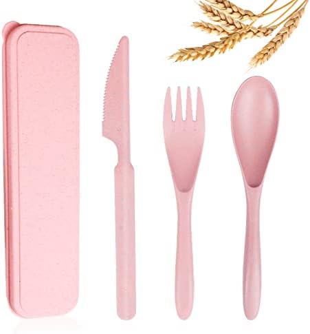 YDYTOP Reusable Travel Utensils Set with Case, Pink Wheat Straw Portable Knife Fork Spoons Tableware, Eco-Friendly BPA Free Cutlery for Kids and Adults as Travel Picnic Camping Utensils by YDYTOP