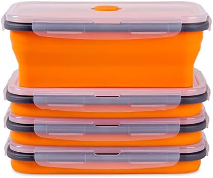 Collapsible Food Storage Containers with Airtight Lid & Vent, 40.5 oz, Kitchen Stacking Silicone Collapsible Meal Prep Container Set for Leftover, Microwave Freezer Dishwasher Safe, Orange, Set of 4 by Annaklin