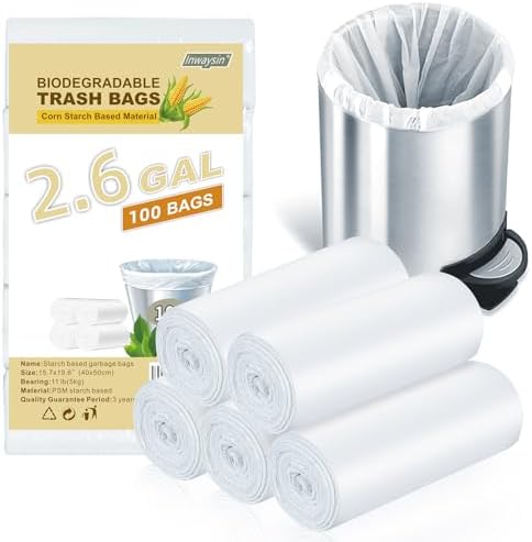 Compostable Trash Bags 2.6-Gallon Garbage-Bag - Inwaysin Biodegradable Recyclable 100 Counts Small Strong Thick Unscented Car Can Liners for Office Bedroom Waste Basket Clear White by Inwaysin