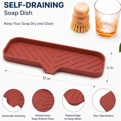 MicoYang Silicone Soap Dish with Drain Spout — Self-Draining Double Sink Organizer Tray for Kitchen & Bathroom, Dispensers, Sponges & Soap Holder, Non-Slip & Dishwasher Safe, Red (Large, 12"×4") - Image 2
