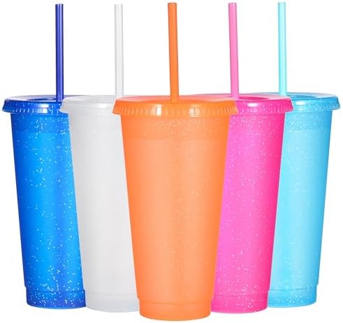 Suertestarry Tumbler with Straw and Lid,Water Bottle Iced Coffee Travel Mug Cup,Reusable Plastic Cups,Perfect for Parties,Birthdays,24oz-5 Pack (Bright Glitter, 5pack) by Suertestarry