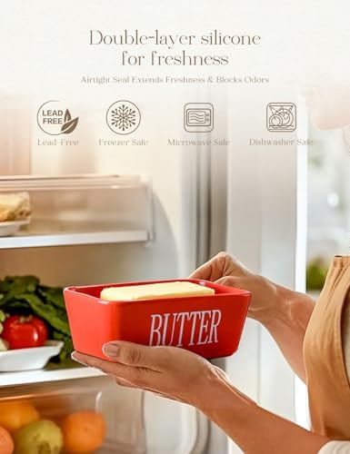 AISBUGUR Large Butter Dish with Lid Ceramics Butter Keeper Container with Knife and High- quality Silicone Sealing Butter Dishes with Covers Good Kitchen Gift Red 6.3 x 3.5 x 2.7 inches - Image 3
