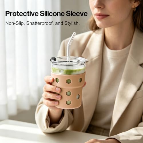 Mrsdry 12oz Iced Coffee Cup with Lids and Straws, BPA Free Reusable Glass Coffee Cups with Silicone Sleeves for Coffee, Iced tea, Thick Wall Glass Cup - Image 5