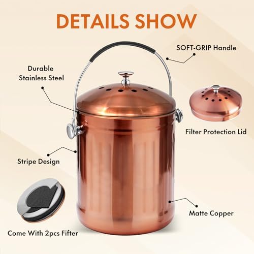 ENLOY Kitchen Countertop Compost Bin, 1.3 Gallon, Stainless Steel, Copper - Image 4