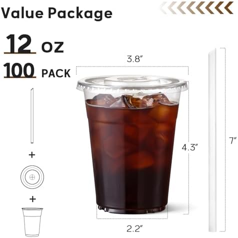 AOZITA 100 Pack - 12 oz Clear Plastic Cups with Lids and Straws, Food Safe Disposable Iced Coffee Cups for Cold Beverages, Smoothies, Iced Coffee, Leak-Proof, BPA-Free - Image 2