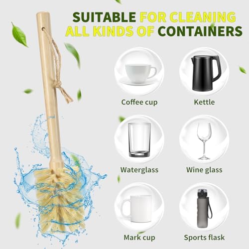 SAMEBUTECO Natural Bamboo Cup Cleaning Brush Set of 2 – 11.3 Inch Sisal Bristle Bottle Brush with Flat Head Design, Wooden Handle with Hanging Hole & Rope for Cups, Mugs, Glasses, Water Bottles - Image 4