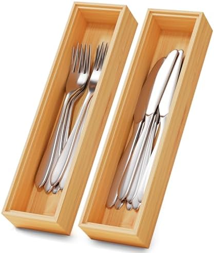 Bamboo Kitchen Drawer Organizer Boxes 12" x 3" Stackable Wooden Organizers by LOCHANTIE