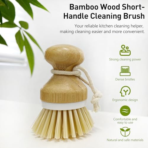 Kitchen Dish Brush, Natural Bamboo Dishwashing Scrubber for Cleaning Dishes, Pots, and Pans with Hanging Rope - Image 2