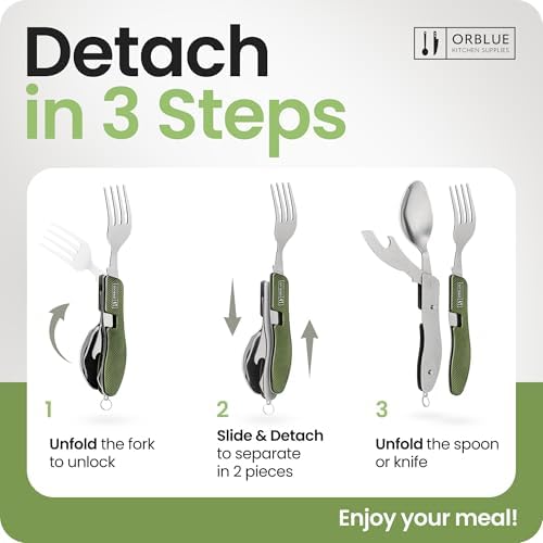 Orblue 4-in-1 Camping Utensils, 1-Pack, Portable Stainless Steel Spoon, Fork, Knife & Bottle Opener Combo Set - Travel, Backpacking Cutlery Multitool Olive Green - Image 3