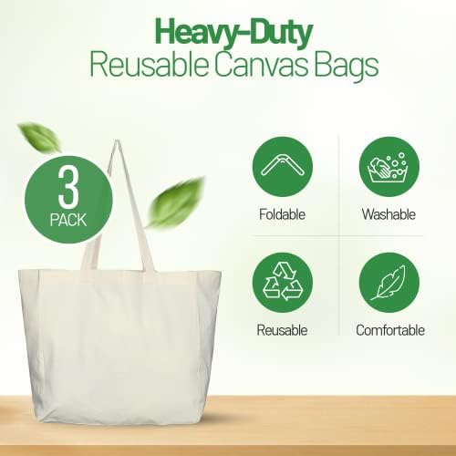Greenmile 3 Pack Canvas Reusable Grocery Bags - Cotton Canvas Grocery Bag Cloth Shopping Tote With Long Handles Bulk - Heavy Duty Grocery Tote Bag - Large, Foldable and Lightweight - Capacity 40 lbs - Image 2