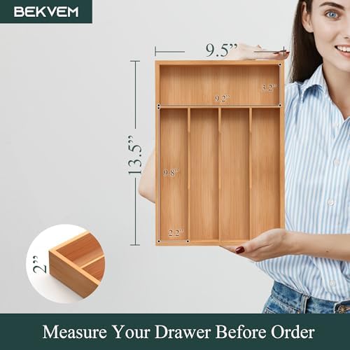 Bamboo Silverware Organizer, Kitchen Drawer Organizer, Utensil Holder, Cutlery Tray & Spoon Flatware Storage with Grooved Drawer Dividers (9.5''W x 13.5''D) - Image 2