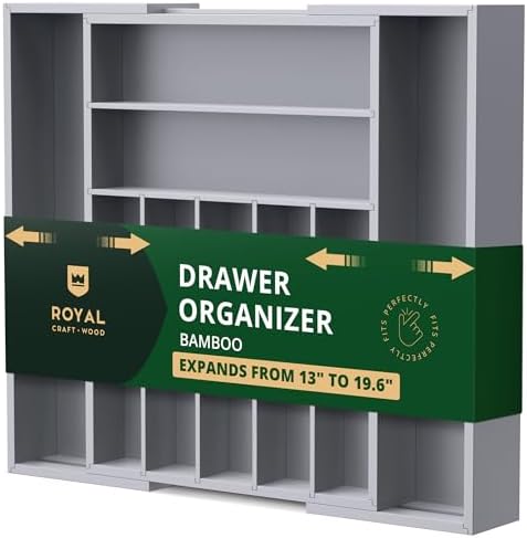 ROYAL CRAFT WOOD Luxury Bamboo Kitchen Drawer Organizer - Silverware Organizer - Utensil Holder and Cutlery Tray with Grooved Drawer Dividers for Flatware and Kitchen Utensils (9 Slot, Gray) by ROYALCRAFTWOOD