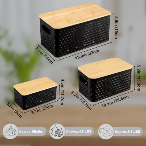 Kitchen Vegetable Storage Set of 3, Metal Onion Garlic Potato Storage Set, Kitchen Canisters Vegetable Keeper Containers with Aerating Holes and Bamboo Lid,Embossed Black - Image 4